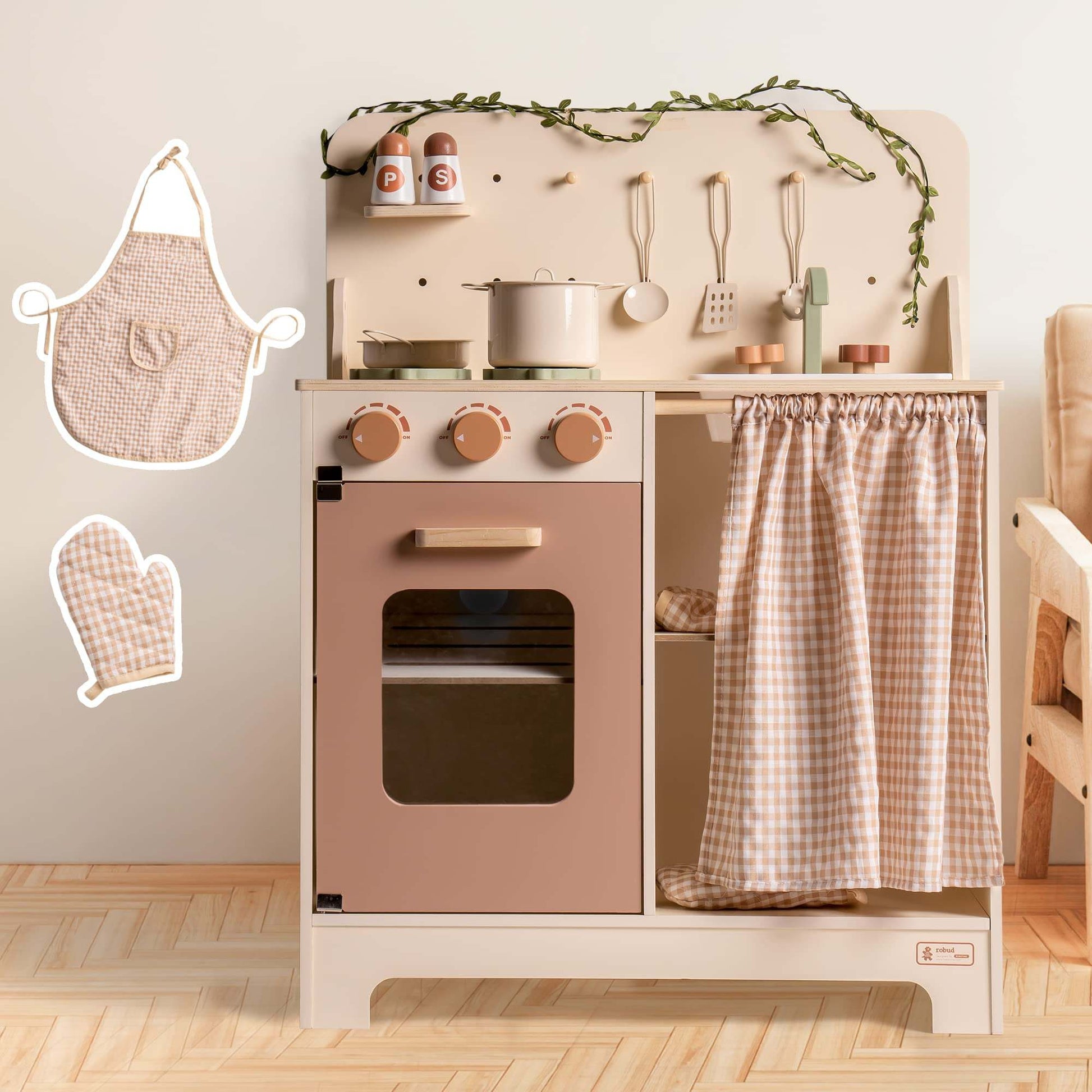 Kids Rustic Wooden Play Kitchen Set